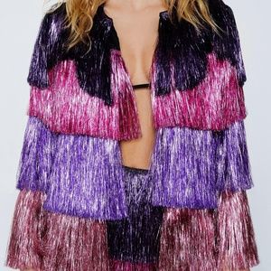 NWT Metallic Tiered Tinsel Fringe Open Front Jacket